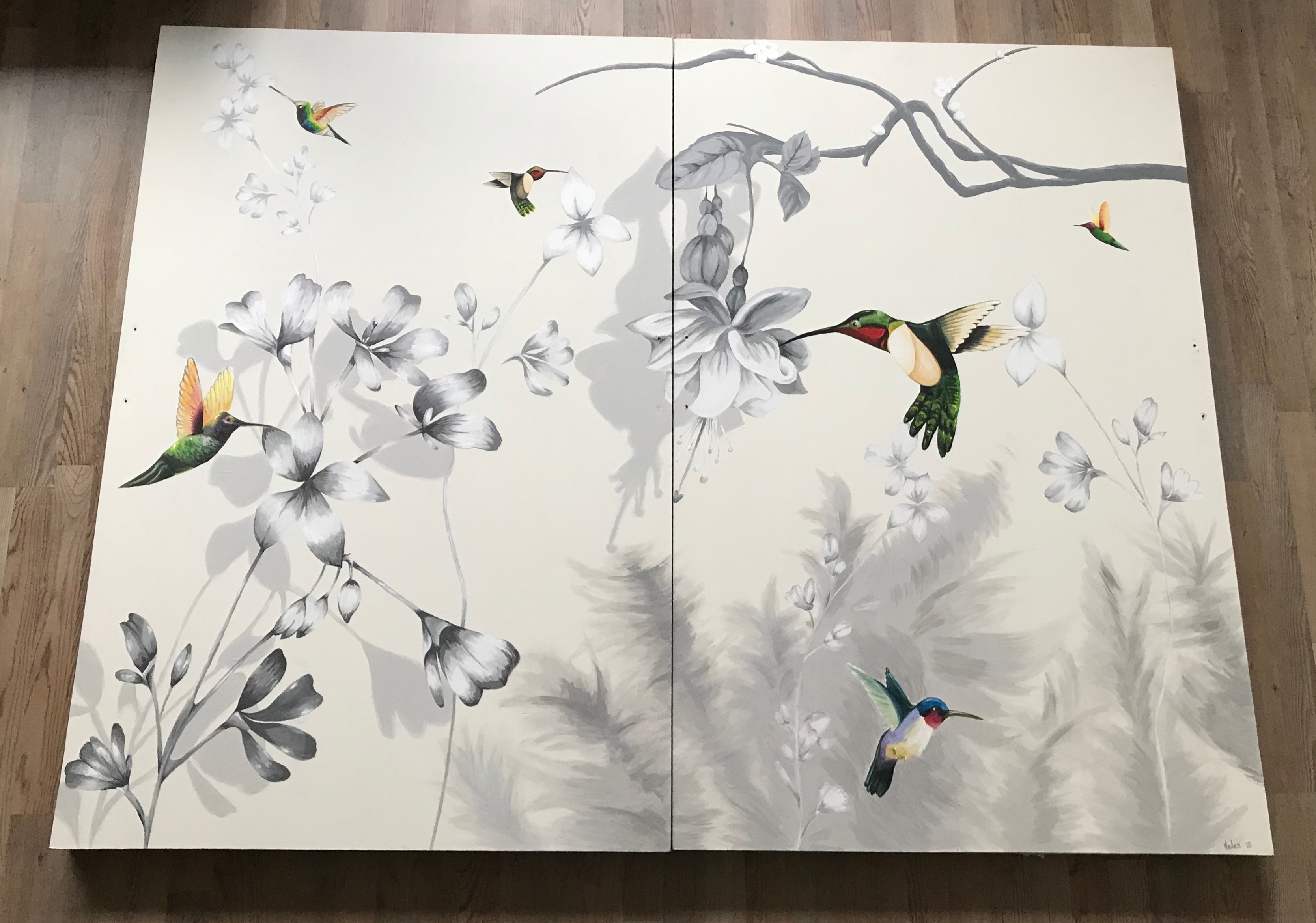 Vogels met bloemen muurschildering